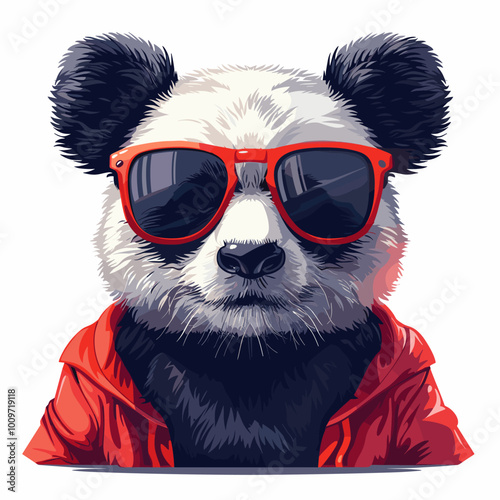 A panda bear wearing sunglasses and a red jacket. The bear is wearing sunglasses and a red jacket, giving it a cool and stylish appearance