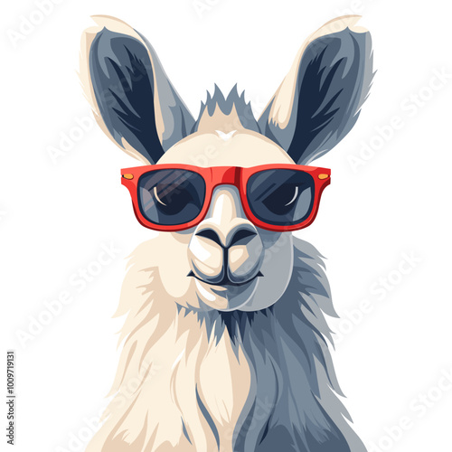 A white llama is wearing sunglasses and a red hat, giving it a fun and playful appearance. The sunglasses are red and the hat is also red, adding to the overall cheerful vibe of the image