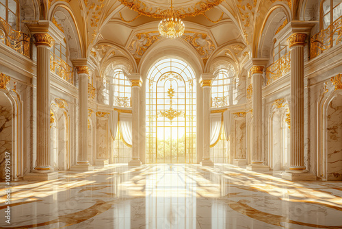 Opulent Palace Interiors: Elegant 2D Illustrations of Castle Halls, Classic Ballrooms, and Luxurious Wedding Banquet Rooms