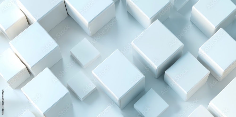 Background wallpaper banner geometry pattern featuring randomly positioned and scaled white cube boxes Background wallpaper banner geometry pattern featuring randomly positioned and scaled white cube boxes