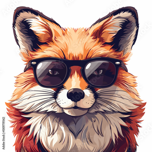 A fox with sunglasses on its face. The fox is wearing sunglasses and he is enjoying the sun