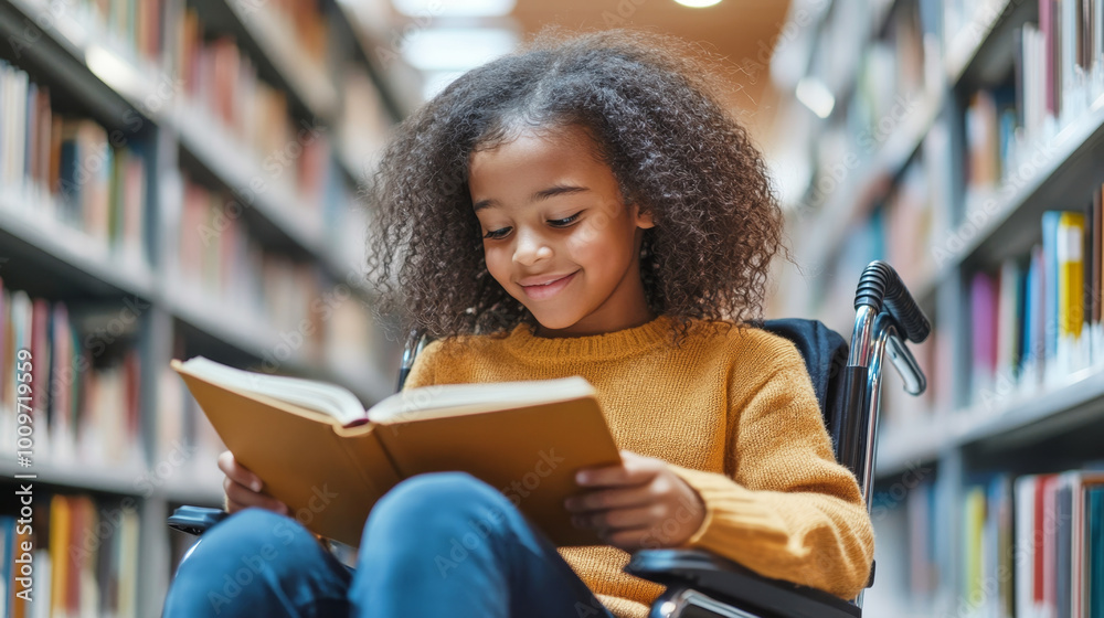 Young mixed-race student in a wheelchair enjoys reading a book in the library Young mixed-race student in a wheelchair enjoys reading a book in the library