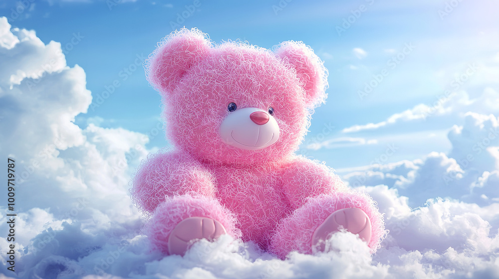 A fluffy pink teddy bear made of cotton candy, sitting on clouds in the sky A fluffy pink teddy bear made of cotton candy, sitting on clouds in the sky