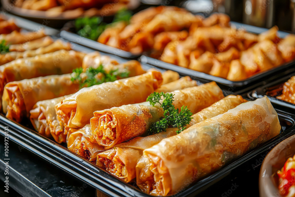 Delicious Spring Rolls: A Diverse Selection of Crunchy, Flavorful Fillings Perfect for Starters or Snacks, Beautifully Presented on Trays Delicious Spring Rolls: A Diverse Selection of Crunchy, Flavorful Fillings Perfect for Starters or Snacks, Beautifully Presented on Trays