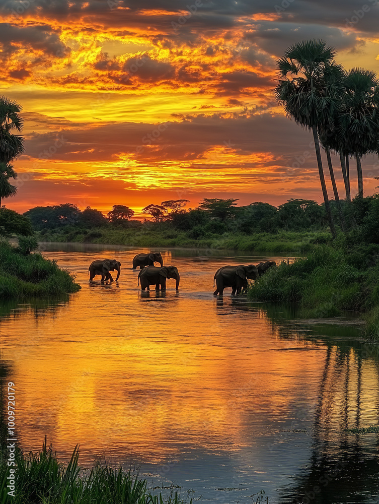 A herd of elephants crossing the Irrawaddy River in Sri Lanka