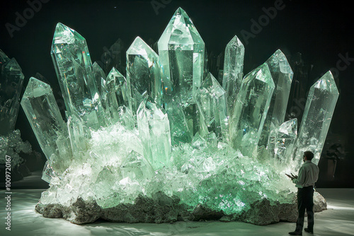 Exploring for Precious Stones: Geologist Examines Green Illuminated White Quartz with Crystal Structure photo