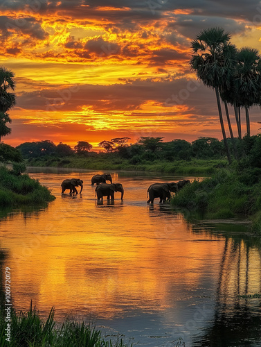 Obraz na płótnie A herd of elephants crossing the Irrawaddy River in Sri Lanka w salonie