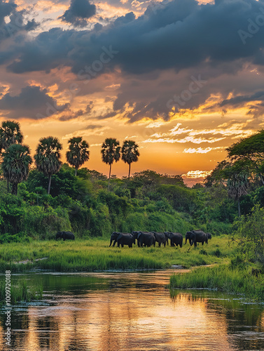 A herd of elephants crossing the Irrawaddy River in Sri Lanka photo