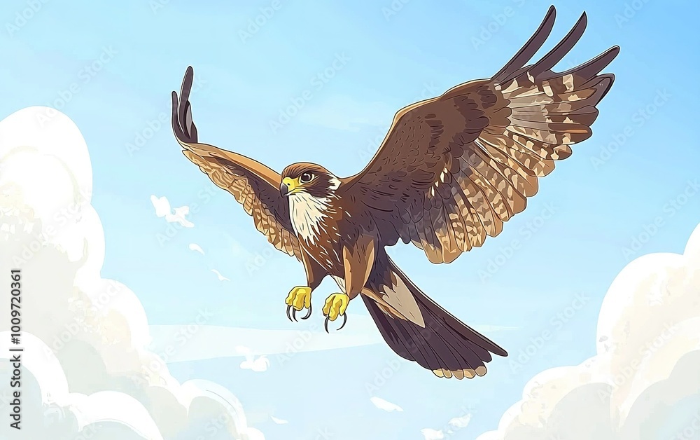 A majestic hawk soars gracefully through the bright blue sky under fluffy white clouds, showcasing its powerful wings and keen gaze A majestic hawk soars gracefully through the bright blue sky under fluffy white clouds, showcasing its powerful wings and keen gaze