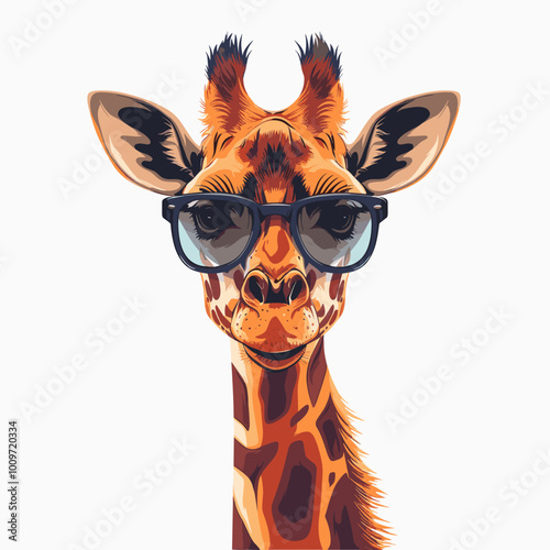 A giraffe wearing glasses and smiling. The giraffe is wearing red glasses and has a happy expression on its face