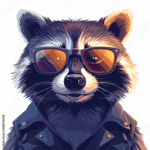 A raccoon wearing sunglasses and a leather jacket. The raccoon has a smile on its face and is looking at the camera. The image has a fun and playful mood