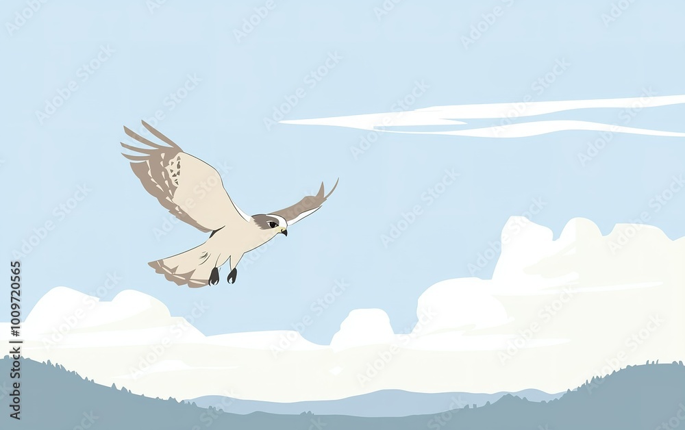 A majestic bird glides gracefully over a tranquil landscape beneath a vast sky filled with soft clouds at dawn A majestic bird glides gracefully over a tranquil landscape beneath a vast sky filled with soft clouds at dawn