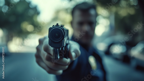  a police officer pointing a gun aggressively toward the camera