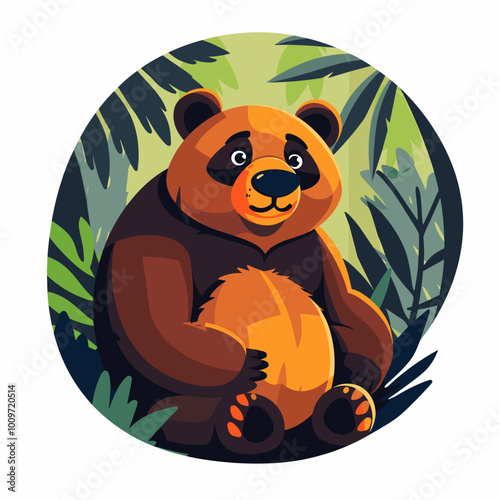 A cartoon bear is sitting in a jungle with leaves and trees around him. The bear is smiling and he is happy