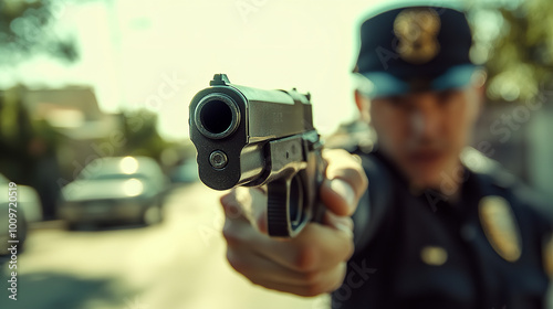  a police officer pointing a gun aggressively toward the camera