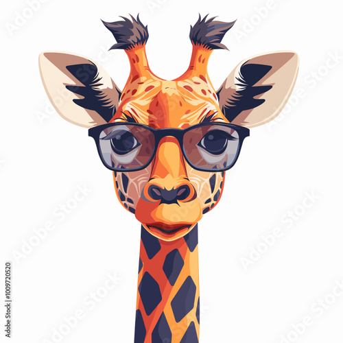 A giraffe wearing glasses and looking at the camera. The giraffe is wearing a pair of black glasses and has a serious expression on its face