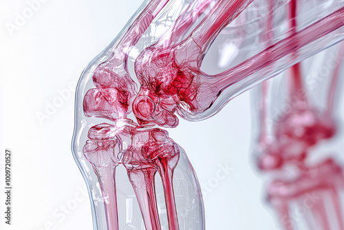 Red Muscles Highlighted: Detailed 3D Human Skeleton Knee Joint Close-Up, Anatomical Illustration on White Background photo