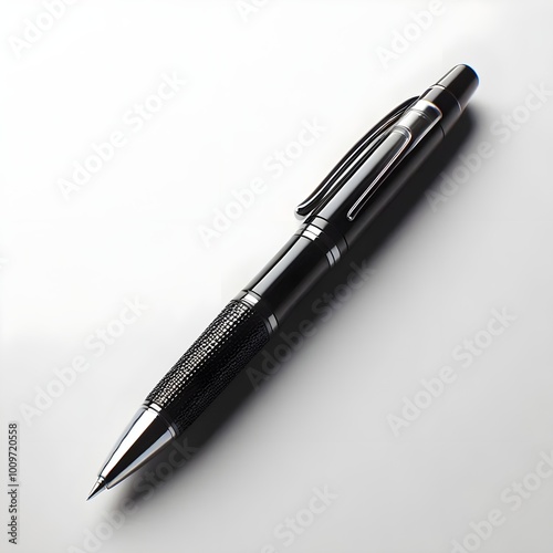 A black ballpoint pen with a silver clip and a clear plastic barrel lies on a white background.