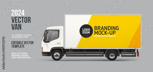 Delivery Truck mockup with yellow branding design. Side view Cargo Van with space for advertising text, logo or your branding design. Branding truck. Horizontal AD banner. Editable vector template
