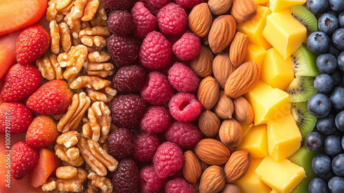 Delicious fresh food arrangement on wooden board with strawberries, raspberries, almonds, cheese, peaches, nectarines, decorated with fir branches, perfect for seasonal dining