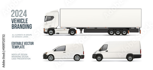 Truck Trailer, Cargo Van, Delivery Car - Vector Blank Mockup set on white background. Delivery vehicle set for your branding gesugn and corporate identity. Horizontal blank AD banner on car