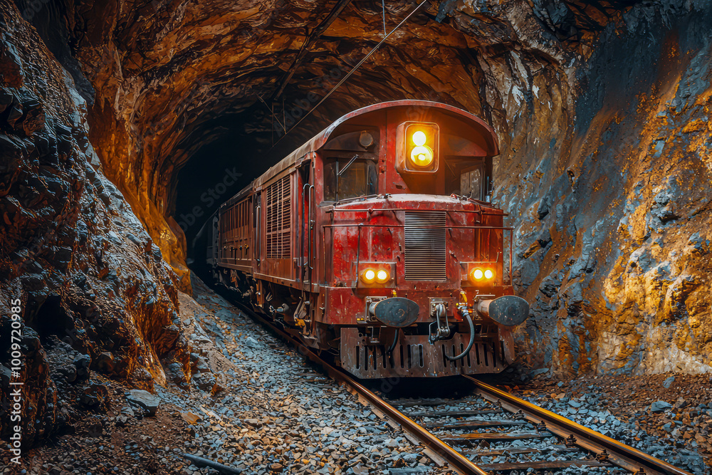 Naklejka premium Exploring the Depths: Electric Locomotive in Underground Bauxite Mine