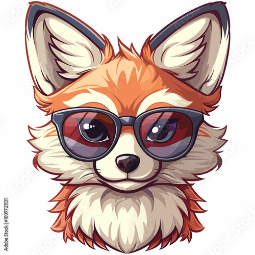 A cartoon fox with sunglasses on its face. The fox is smiling and he is enjoying the sun