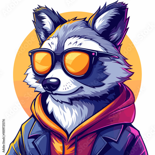 A raccoon wearing sunglasses and a hoodie. The raccoon is smiling and he is enjoying the sunny day