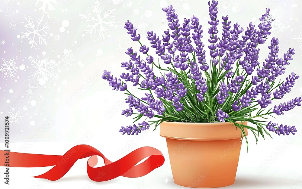 Obraz premium Lavender blossoms in a terracotta pot adorned with a festive red ribbon against a whimsical winter backdrop