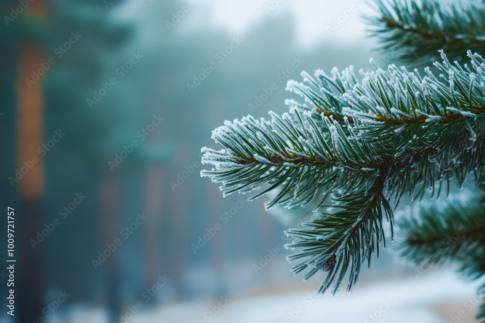 Close-up of green pine needles covered with frost, a concept of the transition of fall into winter Close-up of green pine needles covered with frost, a concept of the transition of fall into winter