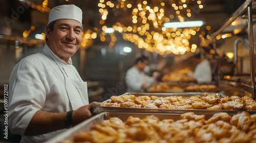 A traditional industrial Colombian bakery, where a smiling man looking at the camera in a white uniform carefully packs some Christmas bread into a box photo