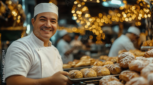 A traditional industrial Colombian bakery, where a smiling man looking at the camera in a white uniform carefully packs some Christmas bread into a box photo