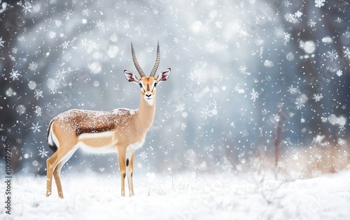 A graceful antelope stands in a snowy landscape as gentle snowflakes fall from a winter sky in a serene moment of nature