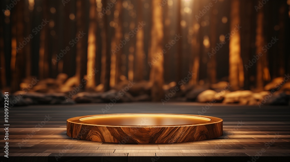 The empty wooden cylinder shape of product display Podium with golden lights. The empty wooden cylinder shape of product display Podium with golden lights.