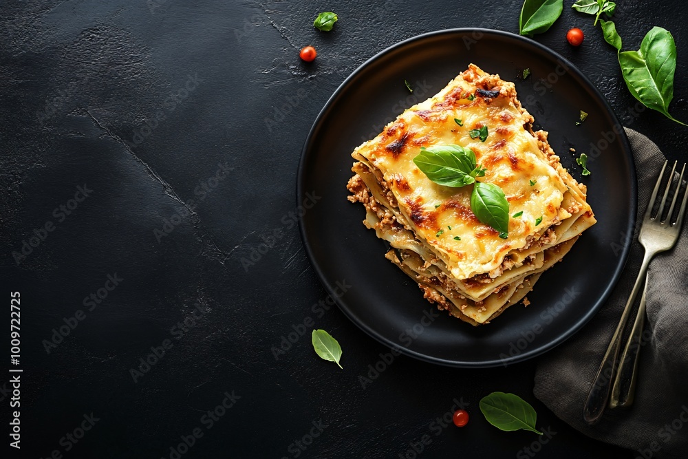 A single serving of lasagna on a black plate with fresh basil and cherry tomatoes. A single serving of lasagna on a black plate with fresh basil and cherry tomatoes.