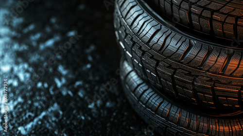 High-quality tire stack against a black background showcasing durability and design features photo