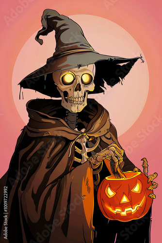 Halloween background: sinister skeleton with glowing eyes in witch costume holding pumpkin.