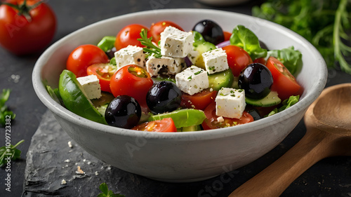 Greek salad with fresh vegetables feta cheese tomatos and black olives. Vegan food. Healthy food.