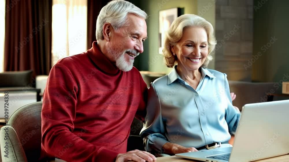 A man and woman are sitting at a table looking at a laptop A man and woman are sitting at a table looking at a laptop
