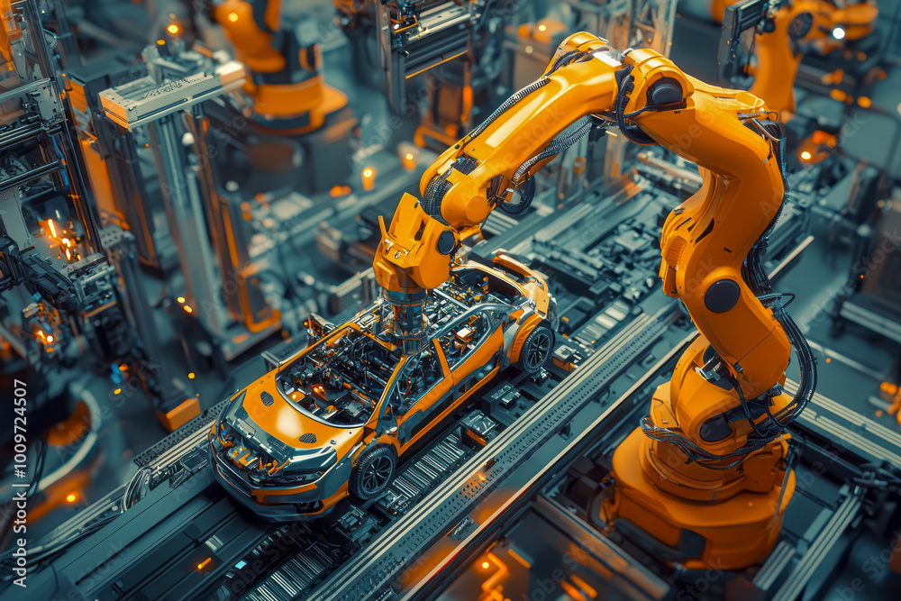 Revolutionizing Electric Vehicle Production with Advanced Aerial Car Factory 3D Concept: Automated Robot Arm Assembly Line for High-Tech Green Energy Vehicles Revolutionizing Electric Vehicle Production with Advanced Aerial Car Factory 3D Concept: Automated Robot Arm Assembly Line for High-Tech Green Energy Vehicles
