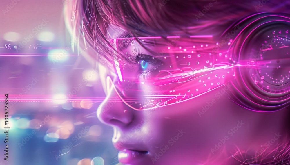 A close-up of a person with neon glasses and headphones, immersed in digital reality and futuristic themes.