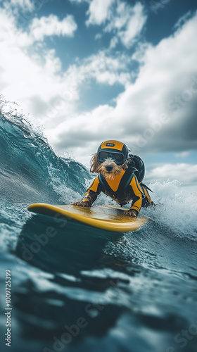 Dog photo in a diver's suit on a surfboard on a sea wave photo