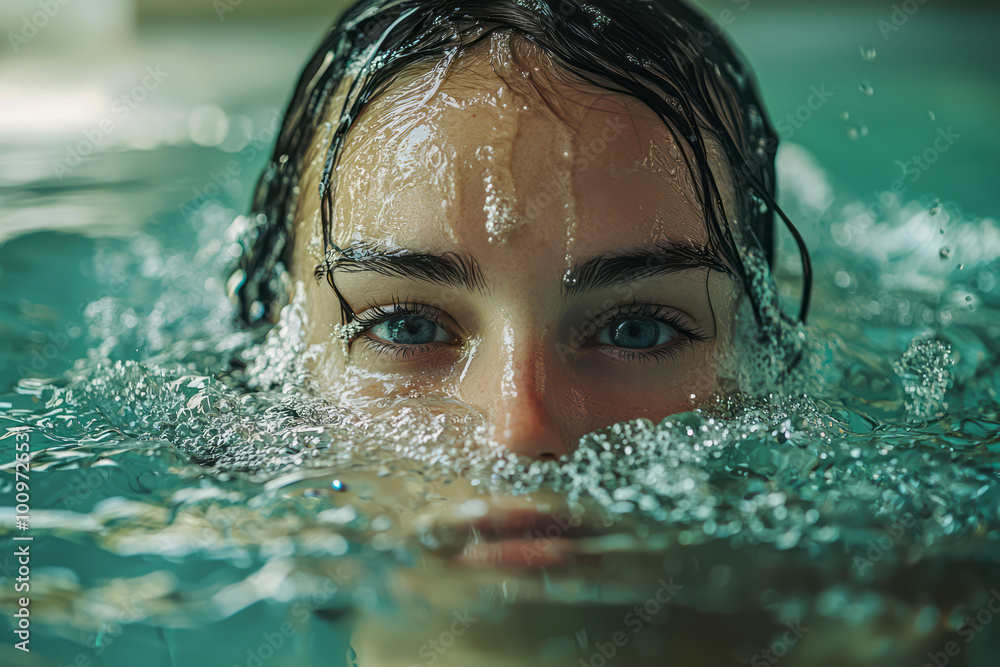 Captivating close-up of woman emerging from icy plunge pool at stunning wellness studio Captivating close-up of woman emerging from icy plunge pool at stunning wellness studio