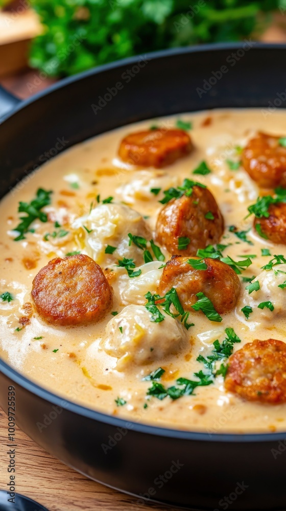 Sausage, meatballs, and fried white cabbage are topped with a creamy sauce in a pot on a wooden table with a black pan. Sausage, meatballs, and fried white cabbage are topped with a creamy sauce in a pot on a wooden table with a black pan.