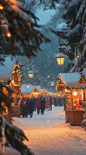 European ancient city's Christmas, the festival market and decorations in the snow photo