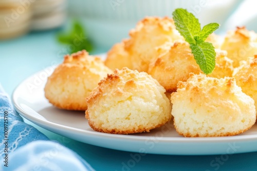 Delicious macaroons made of coconut, detail against a backdrop.