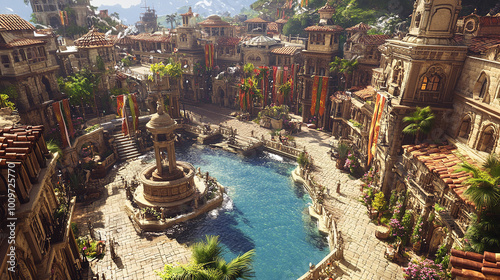 Fantasy city with sandstone walkway, aerial view, city centered around a well, streets lined with dragon banners photo