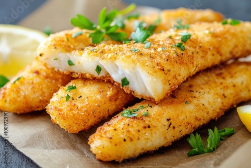 Detailed view of fried fish sticks on a table with lemon and herbs.