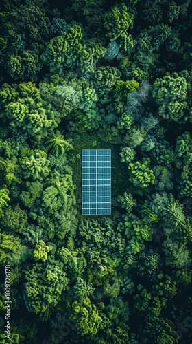 Aerial view of solar panel generating renewable energy surrounded by lush trees