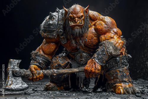 Introducing the Ferocious Orc Warrior: A Stunning 3D Rendering with Detailed Armor, Dynamic Pose, and Dramatic Lighting for a Hyper-Realistic Experience